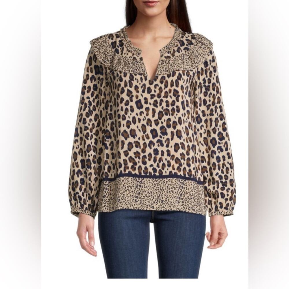 Vineyard Vines Borderline Ruffle Long Sleeve Blouse Sz M Cheetah/Cappucino NWT